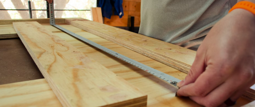 Measuring plywood for a winter DIY project at home