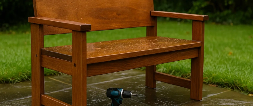 Outdoor bench made from marine-grade plywood, weather-resistant and freshly sealed for durability