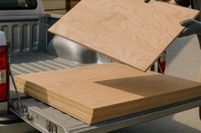 Construction worker loading a plywood sheet onto a pickup truck at a timber supply yard, with stacks of wood in the background