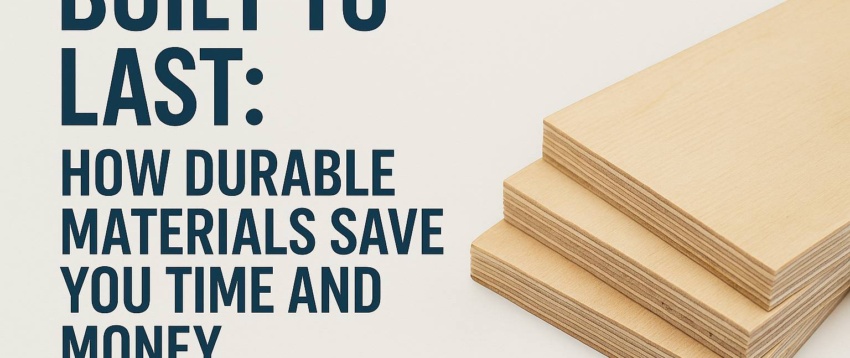 Stack of durable plywood sheets with text overlay “Built to Last: How Durable Materials Save You Time and Money,” promoting Plyman’s quality plywood in Auckland.