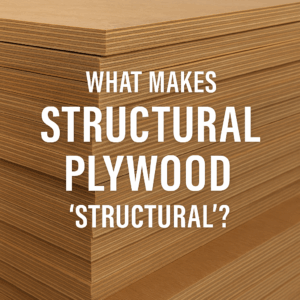Stack of structural plywood sheets with overlay text reading “What Makes Structural Plywood ‘Structural’?” highlighting Plyman’s product range.