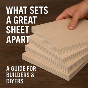 Stack of smooth plywood sheets on a timber workbench with text overlay reading “What Sets a Great Sheet Apart – A Guide for Builders & DIYers,” representing Plyman’s focus on quality and precision.