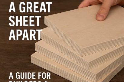 Stack of smooth plywood sheets on a timber workbench with text overlay reading “What Sets a Great Sheet Apart – A Guide for Builders & DIYers,” representing Plyman’s focus on quality and precision.
