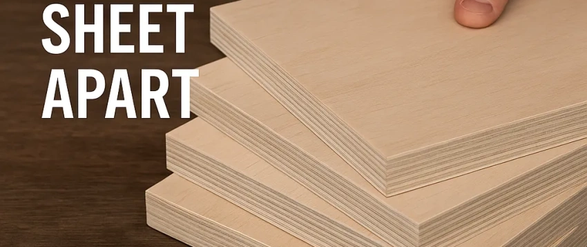 Stack of smooth plywood sheets on a timber workbench with text overlay reading “What Sets a Great Sheet Apart – A Guide for Builders & DIYers,” representing Plyman’s focus on quality and precision.