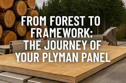 A high-quality plywood panel from Plyman resting on a workbench, with stacked logs and a forest backdrop — representing the sustainable journey from forest to finished framework in New Zealand.