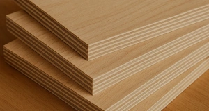Stack of four plywood sheets showing clean veneer layers and grain detail, representing different plywood types for construction and joinery projects.