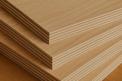 Stack of four plywood sheets showing clean veneer layers and grain detail, representing different plywood types for construction and joinery projects.