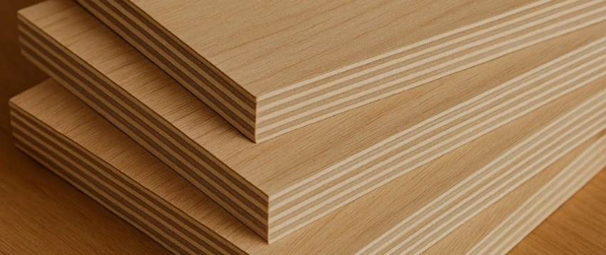 Stack of four plywood sheets showing clean veneer layers and grain detail, representing different plywood types for construction and joinery projects.
