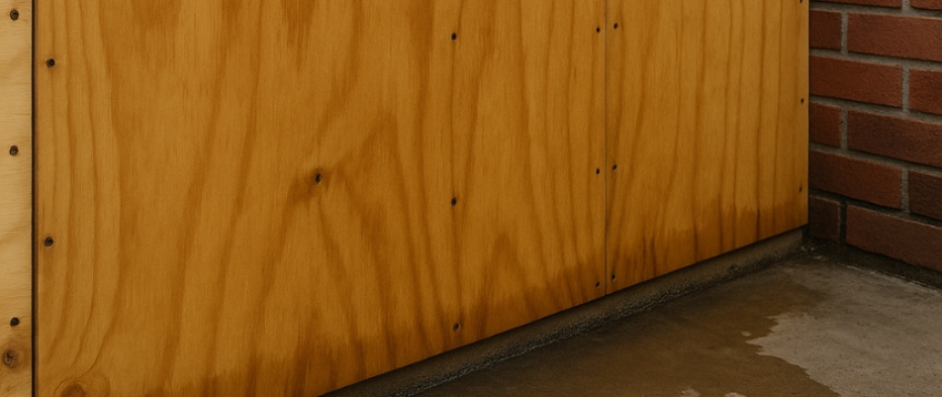 Close-up of moisture-resistant plywood installed on an exterior wall of a New Zealand building, showing sealed edges and water-resistant surface detail.