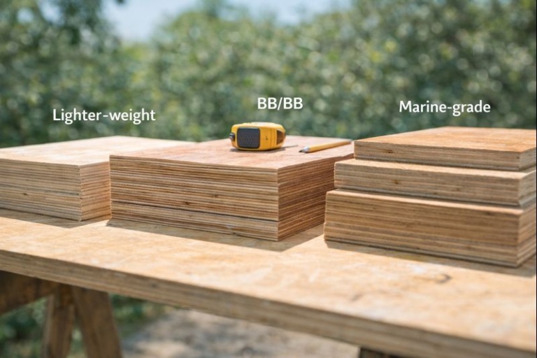 Stacked plywood sheets with carpentry tools set up outdoors in dry conditions, illustrating material selection for caravans and mobile building projects.
