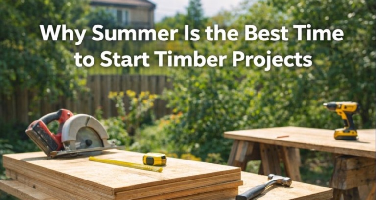 Outdoor summer timber workspace with stacked plywood sheets and carpentry tools set up in dry, sunny conditions for accurate building work.