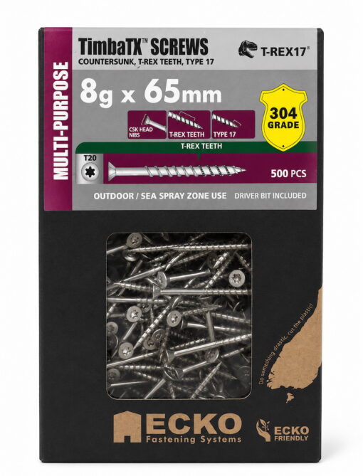 8G x 65 CSK Torx T20 T-REX17 Countersunk SS304 500 Pack – Multipurpose
