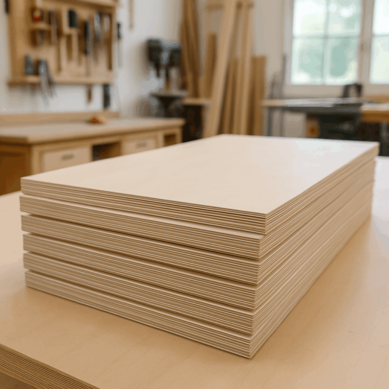Stack of furniture plywood sheets in a New Zealand cabinetry workshop