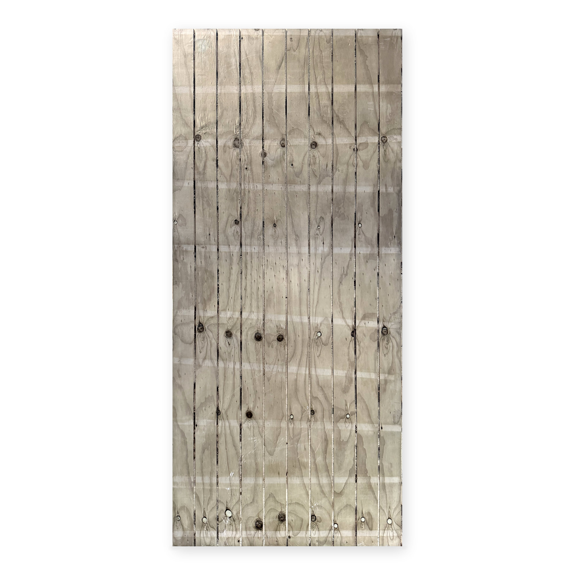 Rectangular 12mm H3.2 pine panel with vertical U-grooves and visible knots on a light timber surface.